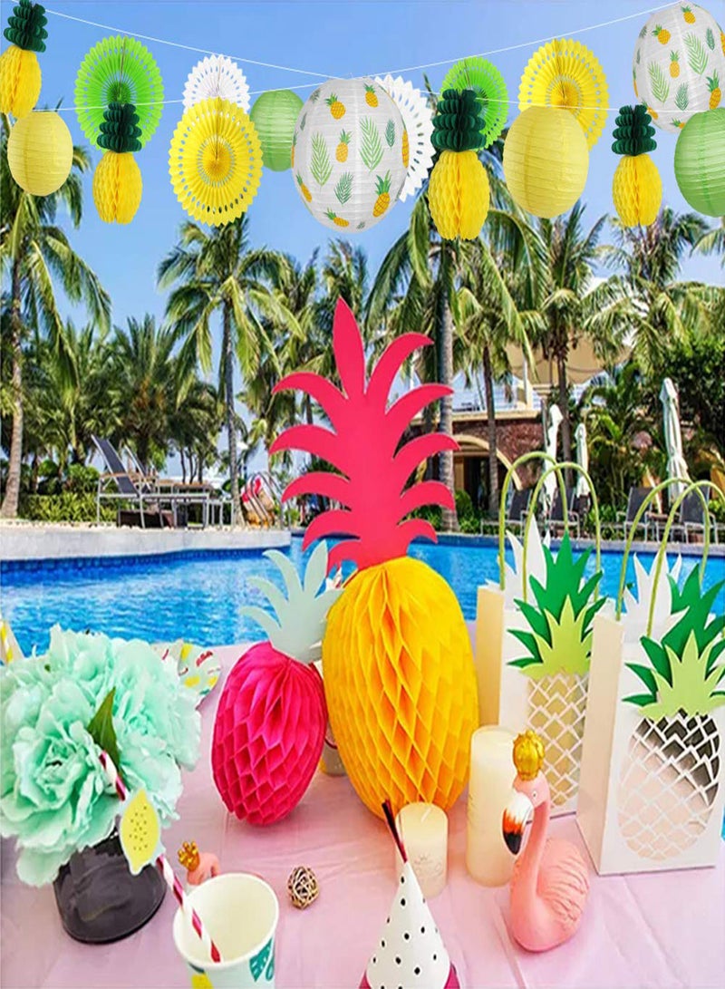 Pineapple Party Decorations 10 Pieces Hawaiian Party Supplies Tropical Leaves Hanging Paper Lanterns Pineapple Honeycomb Tissue Paper Fans for Birthday Luau Summer Party Home Decoration Party