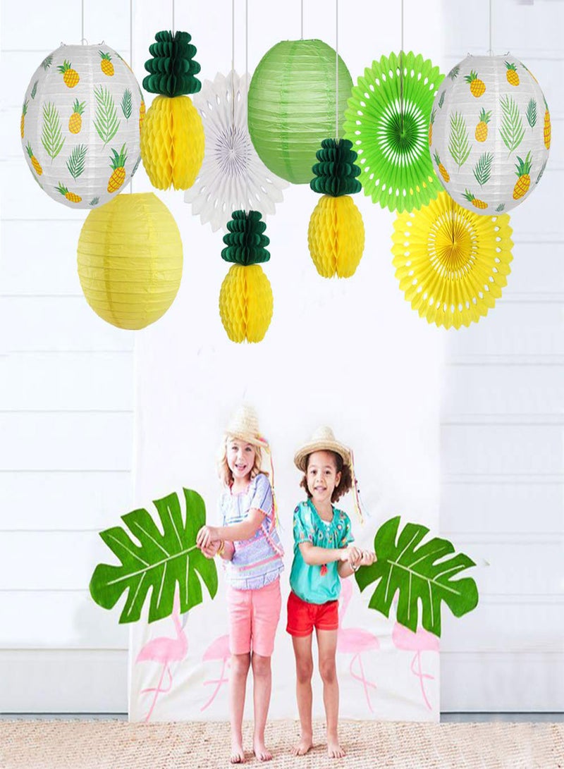 Pineapple Party Decorations 10 Pieces Hawaiian Party Supplies Tropical Leaves Hanging Paper Lanterns Pineapple Honeycomb Tissue Paper Fans for Birthday Luau Summer Party Home Decoration Party