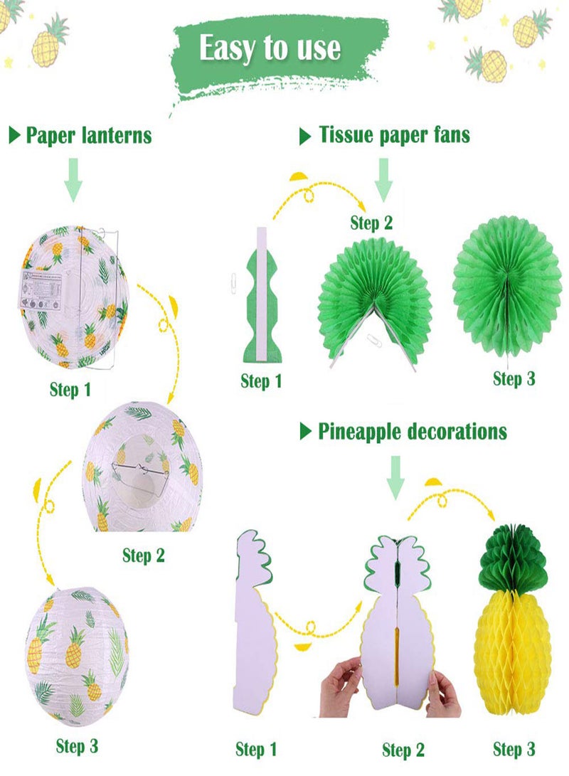 Pineapple Party Decorations 10 Pieces Hawaiian Party Supplies Tropical Leaves Hanging Paper Lanterns Pineapple Honeycomb Tissue Paper Fans for Birthday Luau Summer Party Home Decoration Party