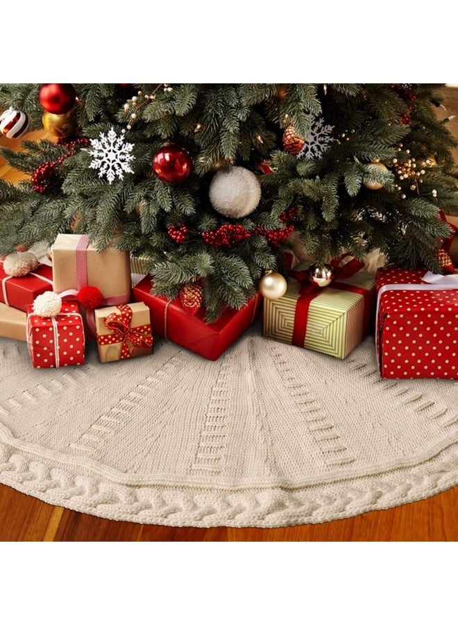 Limbridge Knitted Tree Skirt: 48 Inches Cream White Tree Skirt, Braided Cable Knit Thick Rustic Tree Decorations, Farmhouse Decor Xmas Holiday Home Party Decorations