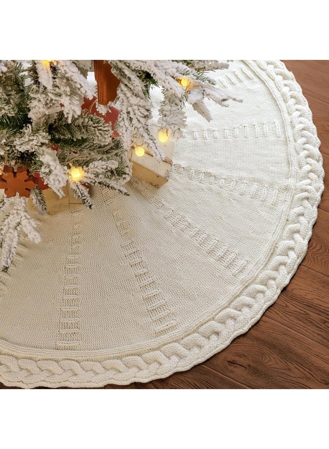 Limbridge Knitted Tree Skirt: 48 Inches Cream White Tree Skirt, Braided Cable Knit Thick Rustic Tree Decorations, Farmhouse Decor Xmas Holiday Home Party Decorations