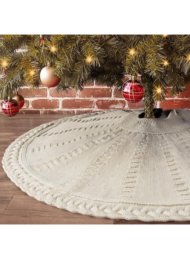 Limbridge Knitted Tree Skirt: 48 Inches Cream White Tree Skirt, Braided Cable Knit Thick Rustic Tree Decorations, Farmhouse Decor Xmas Holiday Home Party Decorations