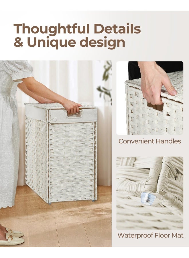 Laundry Hamper With Lid No Install Needed 110L Wicker Laundry Baskets Foldable 2 Removable Liner Bags 2 Section Clothes Hamper Handwoven Rattan Laundry Basket With Handles White