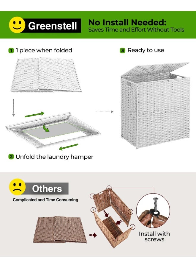 Laundry Hamper With Lid No Install Needed 110L Wicker Laundry Baskets Foldable 2 Removable Liner Bags 2 Section Clothes Hamper Handwoven Rattan Laundry Basket With Handles White