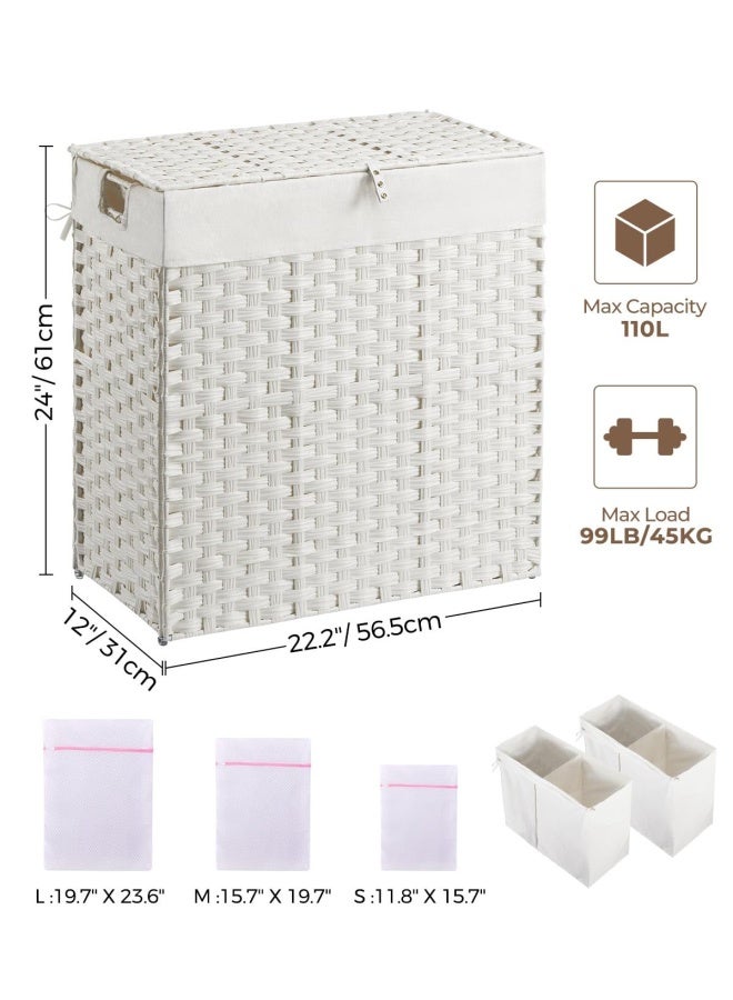 Laundry Hamper With Lid No Install Needed 110L Wicker Laundry Baskets Foldable 2 Removable Liner Bags 2 Section Clothes Hamper Handwoven Rattan Laundry Basket With Handles White