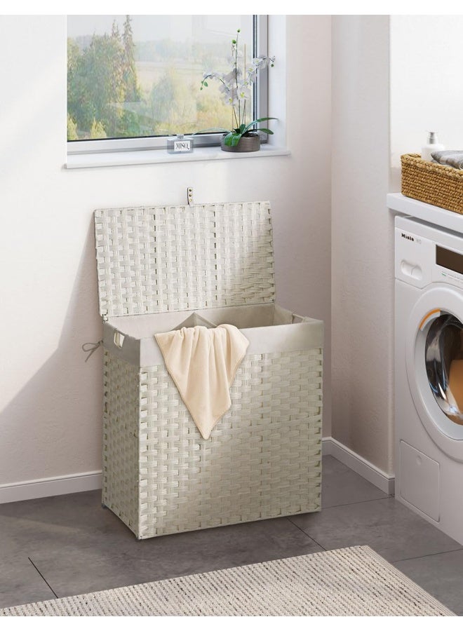 Laundry Hamper With Lid No Install Needed 110L Wicker Laundry Baskets Foldable 2 Removable Liner Bags 2 Section Clothes Hamper Handwoven Rattan Laundry Basket With Handles White