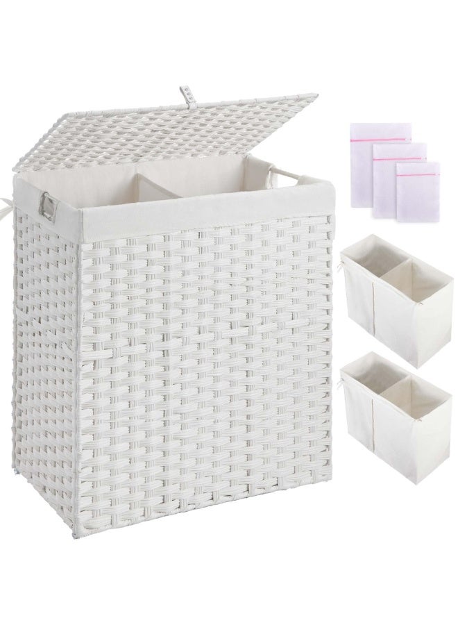 Laundry Hamper With Lid No Install Needed 110L Wicker Laundry Baskets Foldable 2 Removable Liner Bags 2 Section Clothes Hamper Handwoven Rattan Laundry Basket With Handles White