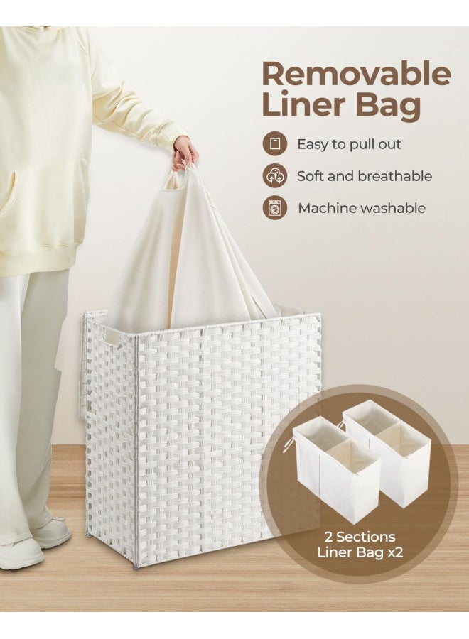 Laundry Hamper With Lid No Install Needed 110L Wicker Laundry Baskets Foldable 2 Removable Liner Bags 2 Section Clothes Hamper Handwoven Rattan Laundry Basket With Handles White