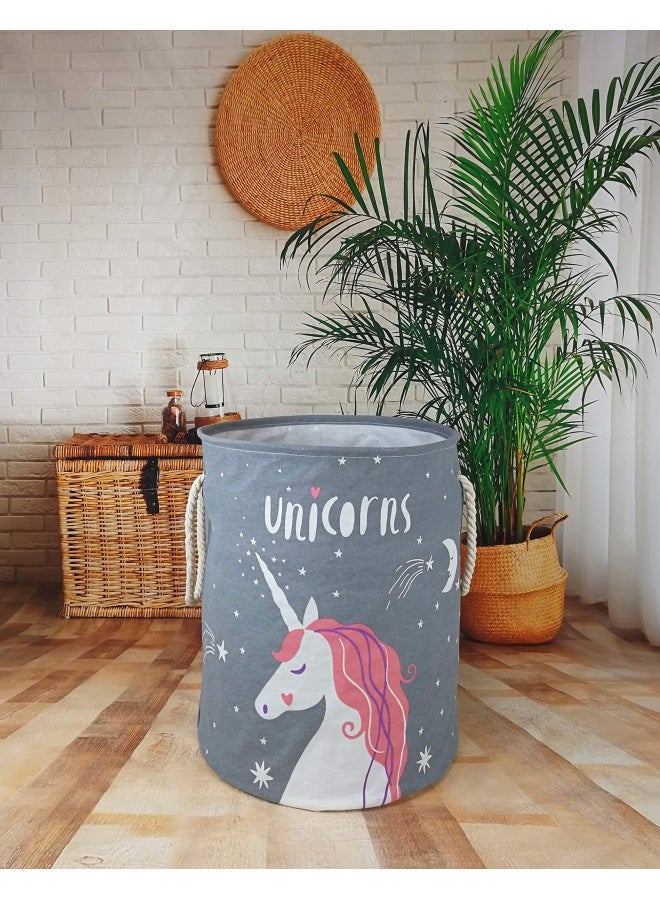 Vaivusto Round Laundry Basket Waterproof Canvas Large Clothes Basket Laundry Hamper With Rope Handles Cute Cartoon Kids Nursery Hamper For Kids Room Toy Storage Girls Room Decor Grey Unicorn