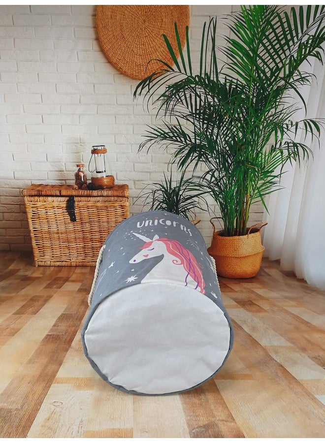 Vaivusto Round Laundry Basket Waterproof Canvas Large Clothes Basket Laundry Hamper With Rope Handles Cute Cartoon Kids Nursery Hamper For Kids Room Toy Storage Girls Room Decor Grey Unicorn