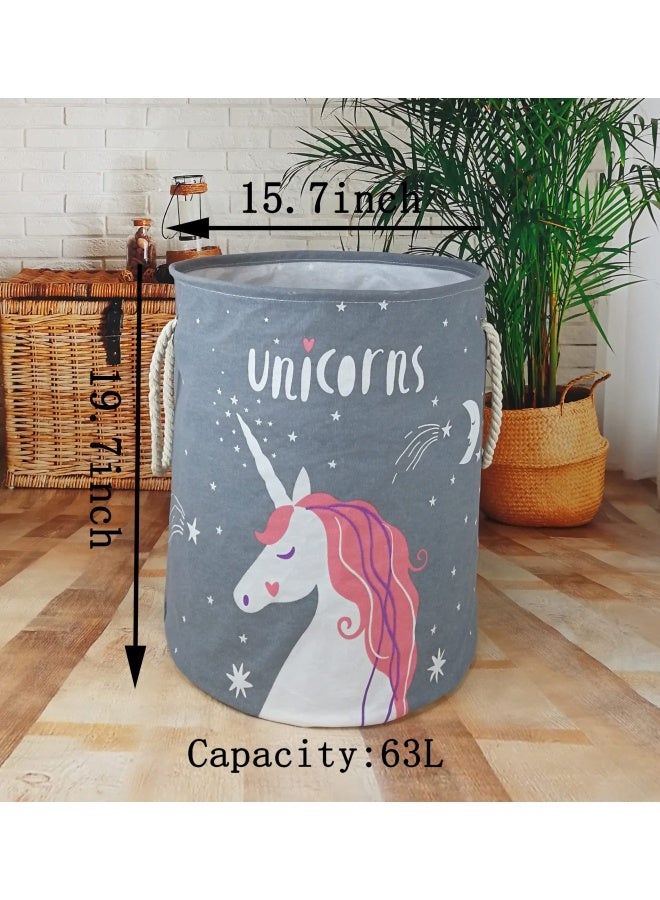 Vaivusto Round Laundry Basket Waterproof Canvas Large Clothes Basket Laundry Hamper With Rope Handles Cute Cartoon Kids Nursery Hamper For Kids Room Toy Storage Girls Room Decor Grey Unicorn