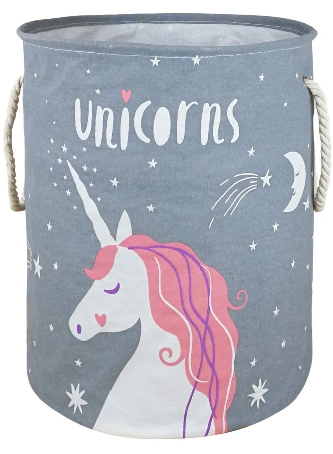 Vaivusto Round Laundry Basket Waterproof Canvas Large Clothes Basket Laundry Hamper With Rope Handles Cute Cartoon Kids Nursery Hamper For Kids Room Toy Storage Girls Room Decor Grey Unicorn