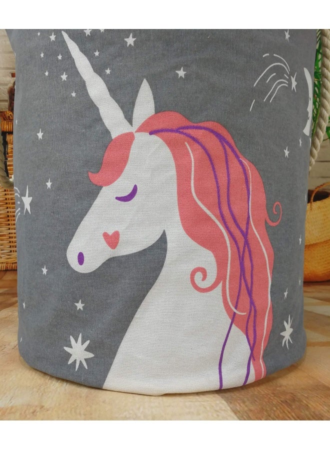 Vaivusto Round Laundry Basket Waterproof Canvas Large Clothes Basket Laundry Hamper With Rope Handles Cute Cartoon Kids Nursery Hamper For Kids Room Toy Storage Girls Room Decor Grey Unicorn
