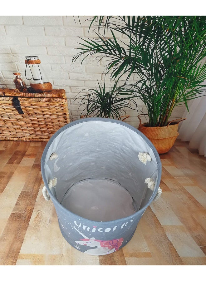 Vaivusto Round Laundry Basket Waterproof Canvas Large Clothes Basket Laundry Hamper With Rope Handles Cute Cartoon Kids Nursery Hamper For Kids Room Toy Storage Girls Room Decor Grey Unicorn