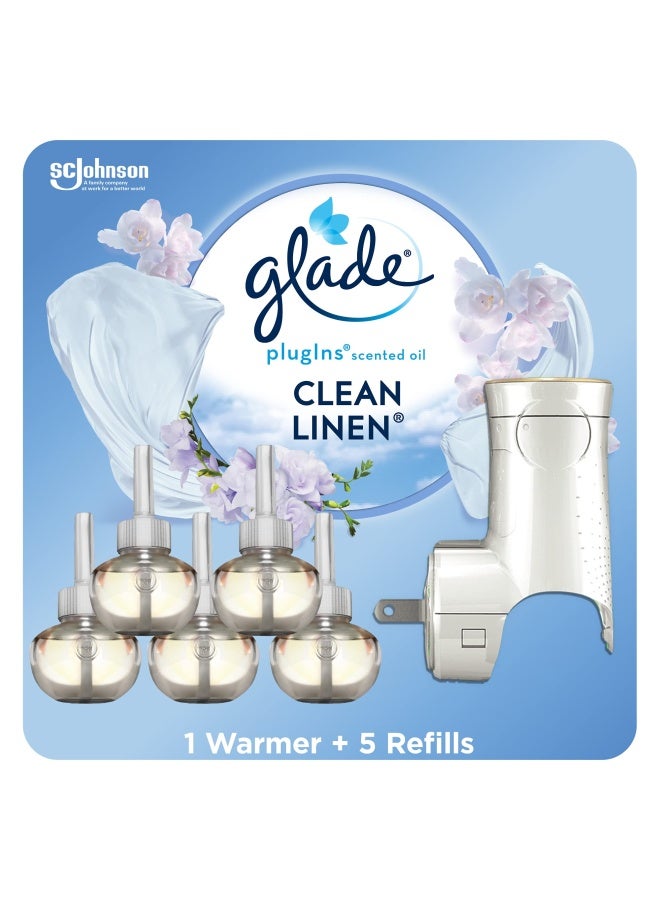 Plugins Scented Oil Starter Kit Plug In Air Freshener And Refills Clean Linen 1 Warmer 5 Refills 3.35 Fl Oz Pack Of 5