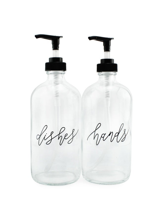 Cornucopia Glass Pump Soap Dispenser Bottles Set Of 2 16Oz Clear Glass Pre Labeled In Decorative Script With Hands And Dishes Bpa Free Black Plastic Pump Tops