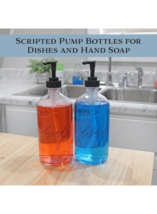 Cornucopia Glass Pump Soap Dispenser Bottles Set Of 2 16Oz Clear Glass Pre Labeled In Decorative Script With Hands And Dishes Bpa Free Black Plastic Pump Tops