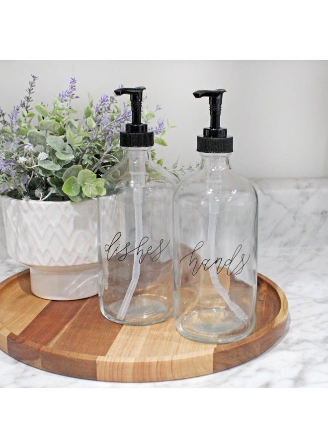 Cornucopia Glass Pump Soap Dispenser Bottles Set Of 2 16Oz Clear Glass Pre Labeled In Decorative Script With Hands And Dishes Bpa Free Black Plastic Pump Tops