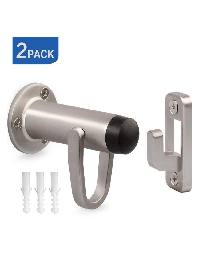 Homotek  2 Pack Heavy Duty Door Stopper With Manual Hook Door Holder Stop With Sound Dampening Rubber Bumper Wall Mounted Brushed Satin Nickel