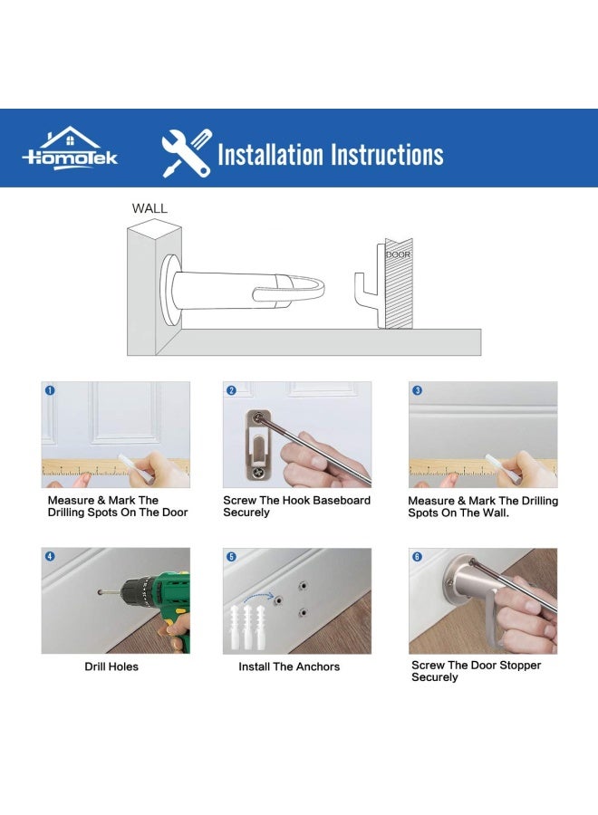 Homotek  2 Pack Heavy Duty Door Stopper With Manual Hook Door Holder Stop With Sound Dampening Rubber Bumper Wall Mounted Brushed Satin Nickel
