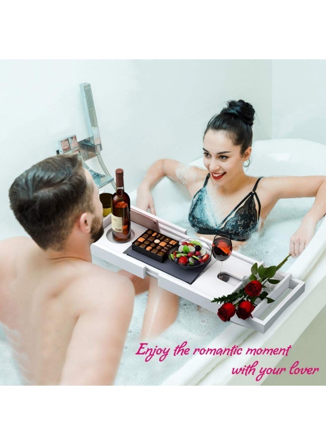 Bathtub Caddy Tray For Luxury Bath Bamboo Waterproof Expandable Bath Table Over Tub With Wine And Book Holder And Free Soap Dish White