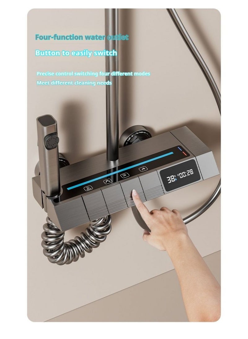 Piano Key Shower Faucet Set Gray Digital Display Shower System 4 Function Bathroom Rain Shower Combo Set Brass Bathtub Faucet With 3 Mode Hand Shower And Bidet Sprayer