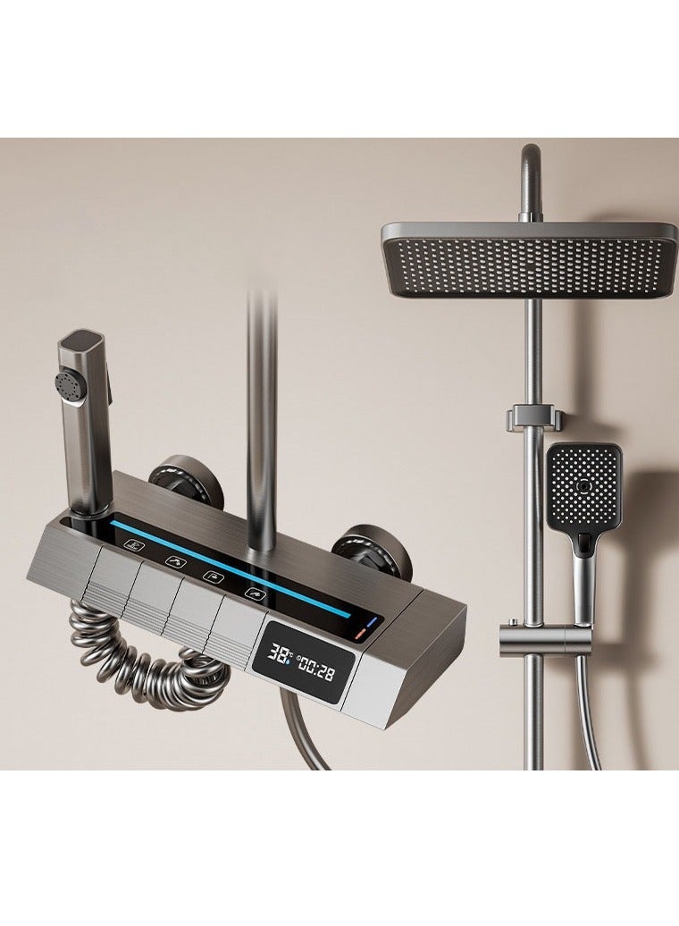 Piano Key Shower Faucet Set Gray Digital Display Shower System 4 Function Bathroom Rain Shower Combo Set Brass Bathtub Faucet With 3 Mode Hand Shower And Bidet Sprayer