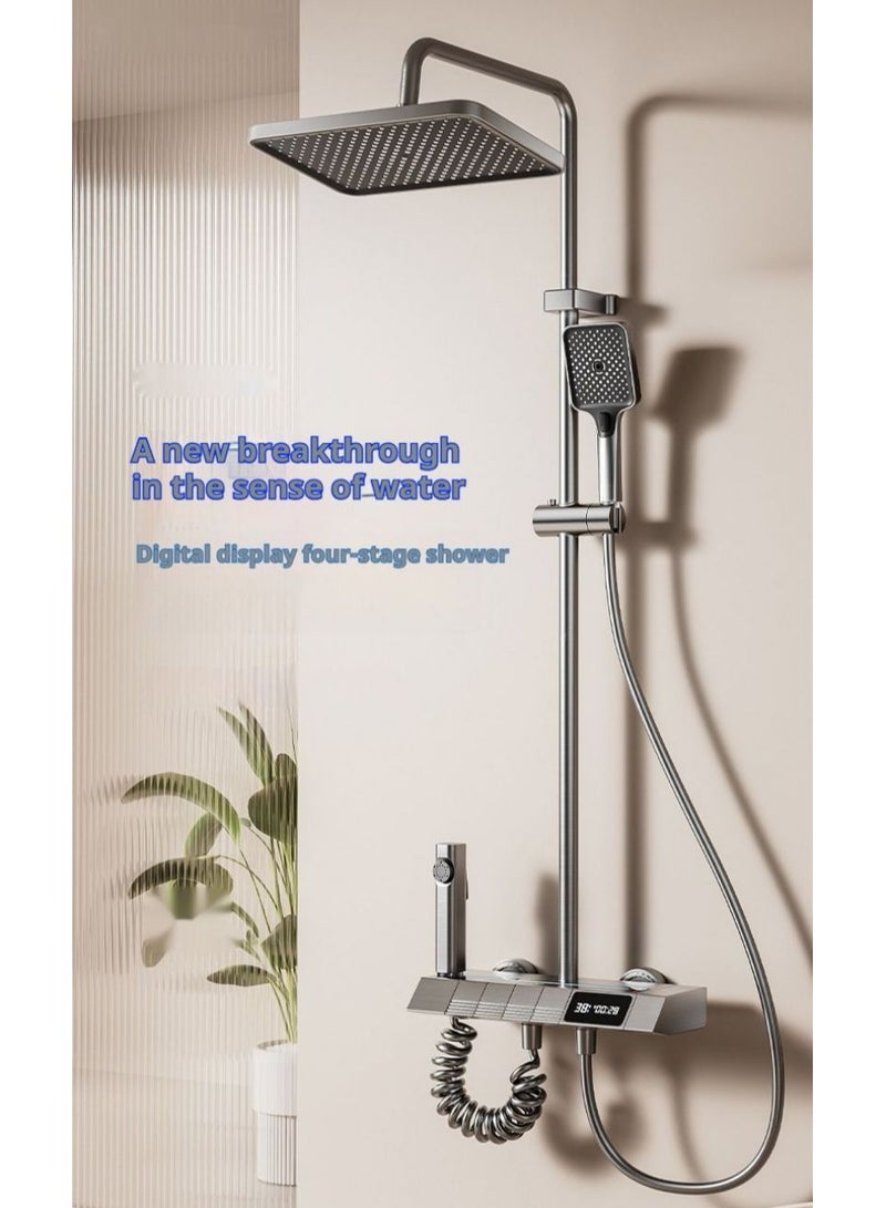 Piano Key Shower Faucet Set Gray Digital Display Shower System 4 Function Bathroom Rain Shower Combo Set Brass Bathtub Faucet With 3 Mode Hand Shower And Bidet Sprayer