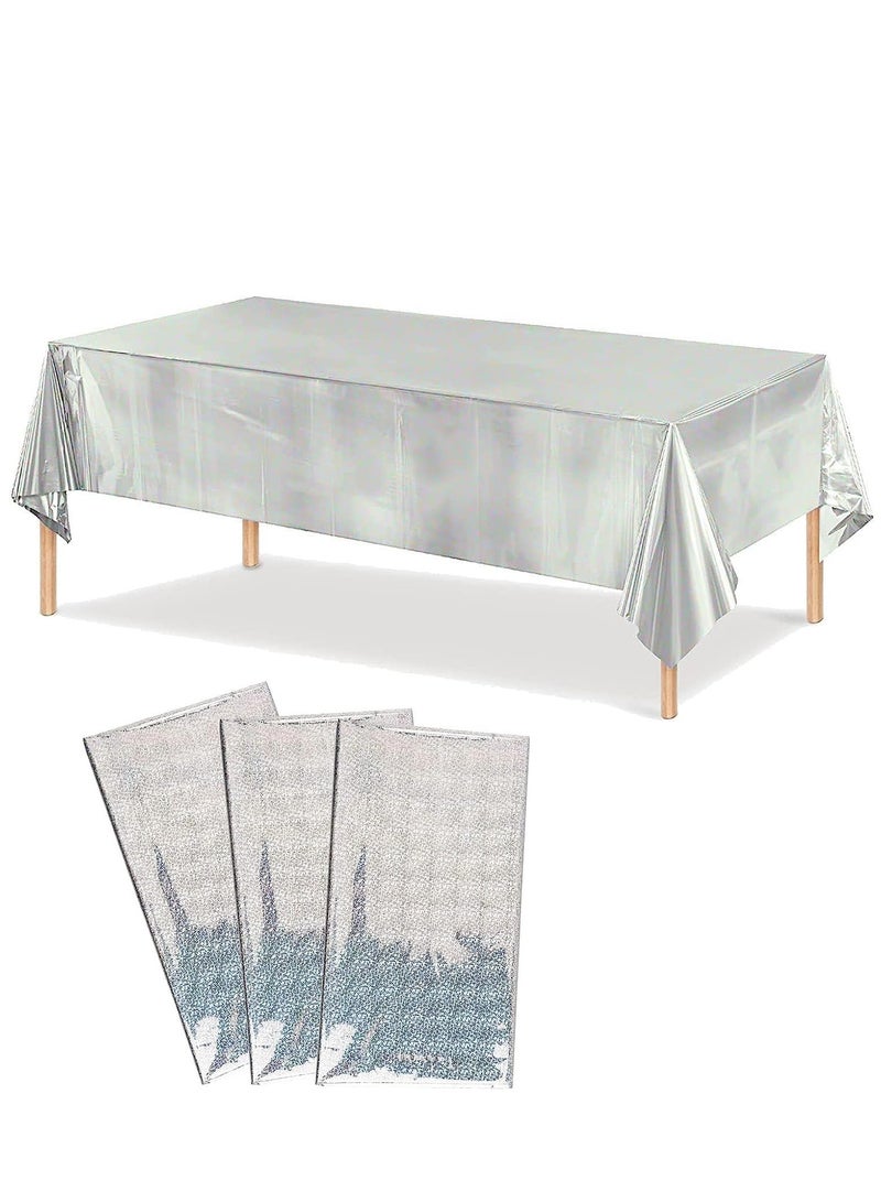 3 Pack Silver Sequin Plastic Tablecloths Shiny Disposable Rectangle Table Covers Table Cloth for Wedding Party Birthday Baby Shower Decoration