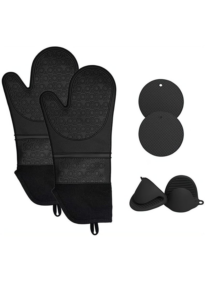 6 Pack Black Extra Long Silicone Kitchen Oven Mitts with Mini Oven Gloves and Hot Pads 550°F Heat Resistant Non-Slip BPA Free