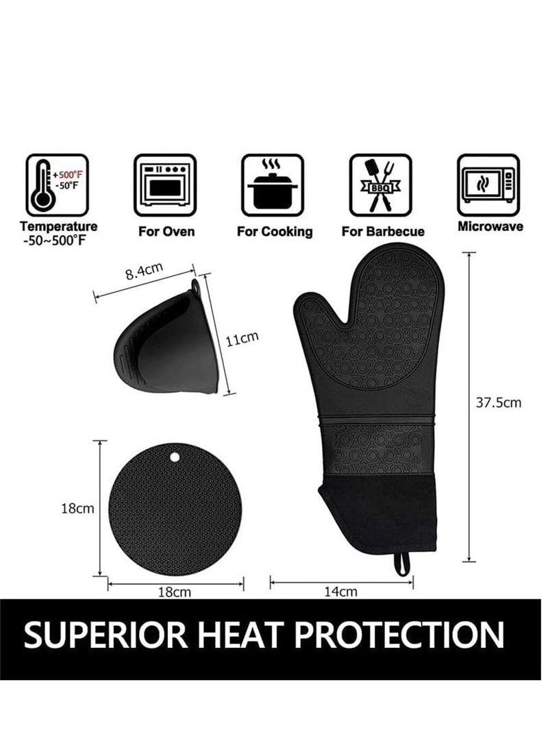 6 Pack Black Extra Long Silicone Kitchen Oven Mitts with Mini Oven Gloves and Hot Pads 550°F Heat Resistant Non-Slip BPA Free