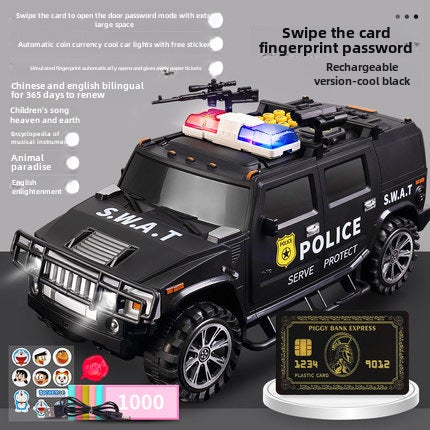 Armored Truck Coin Bank Automatic Money Saving Box ★Smart card to open the door★[Fingerprint Music and Children's Songs] Cool Black (Sixteen Functions)