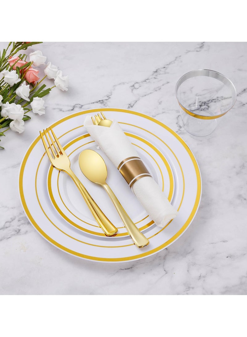 175 Piece Gold Glitter Plastic Dinnerware Set for 25 Guests, Fancy Disposable Plates for Party