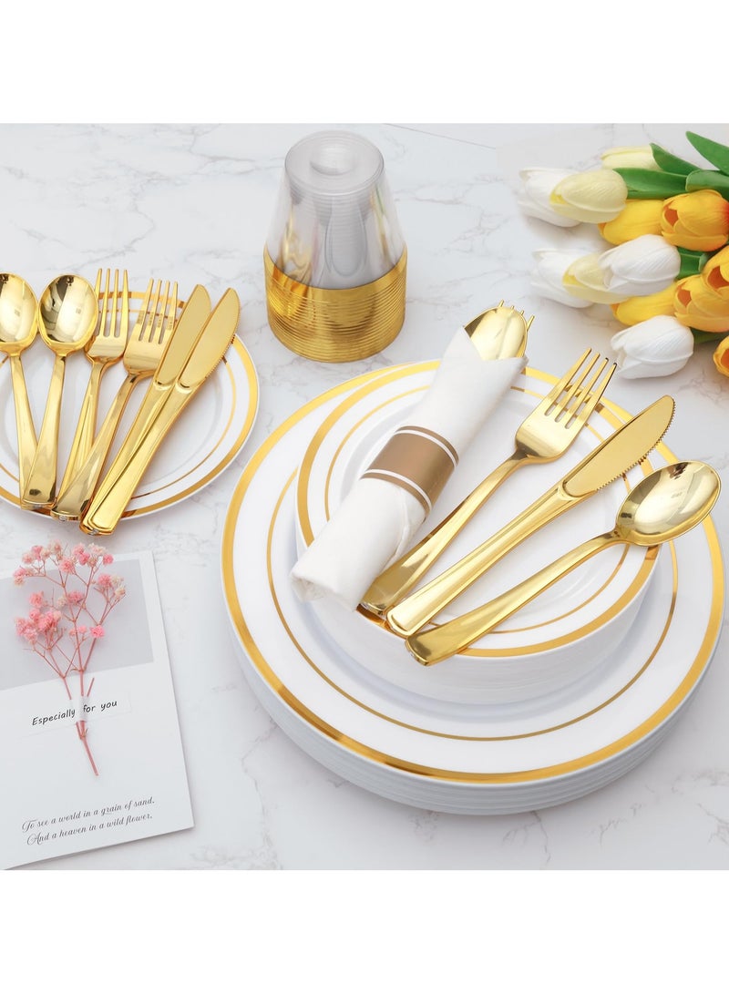 175 Piece Gold Glitter Plastic Dinnerware Set for 25 Guests, Fancy Disposable Plates for Party