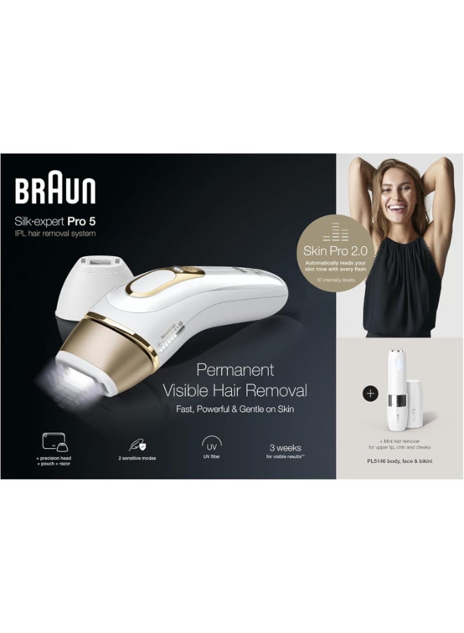 Braun Silk-expert PL 5146, IPL hair removal system for use on body and face, 400,000 flashes with 4 extras, FS1000 Face Mini Hair Remover, Precision head, Venus razor and Soft bag White / Gold