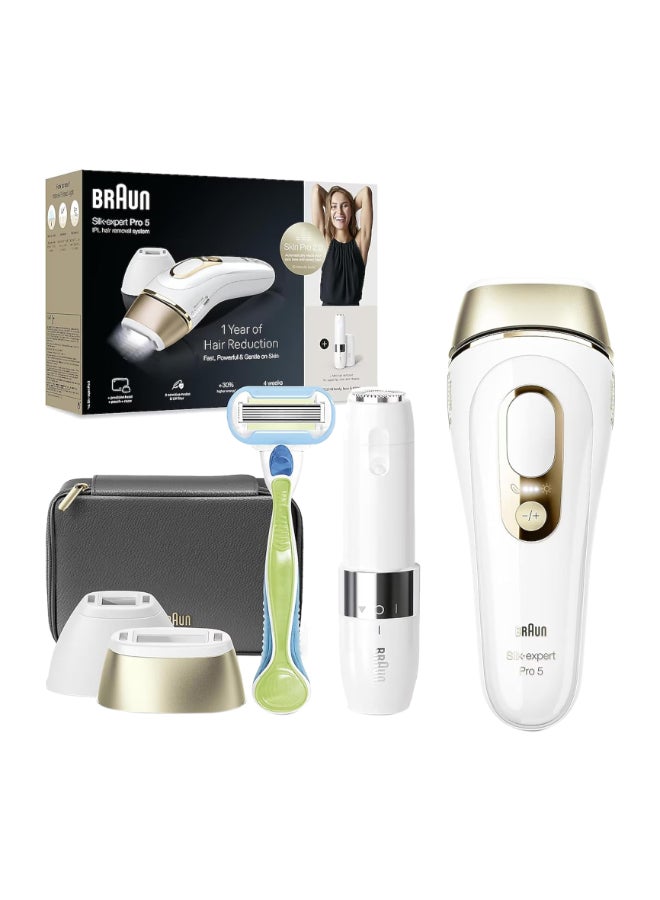 Braun Silk-expert PL 5146, IPL hair removal system for use on body and face, 400,000 flashes with 4 extras, FS1000 Face Mini Hair Remover, Precision head, Venus razor and Soft bag White / Gold