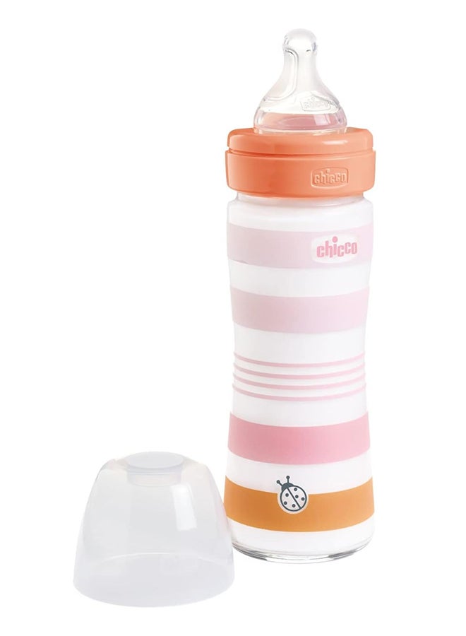 Well-Being Silicone Glass Feeding Bottle 240Ml, Slow Flow, 0M+, Pink