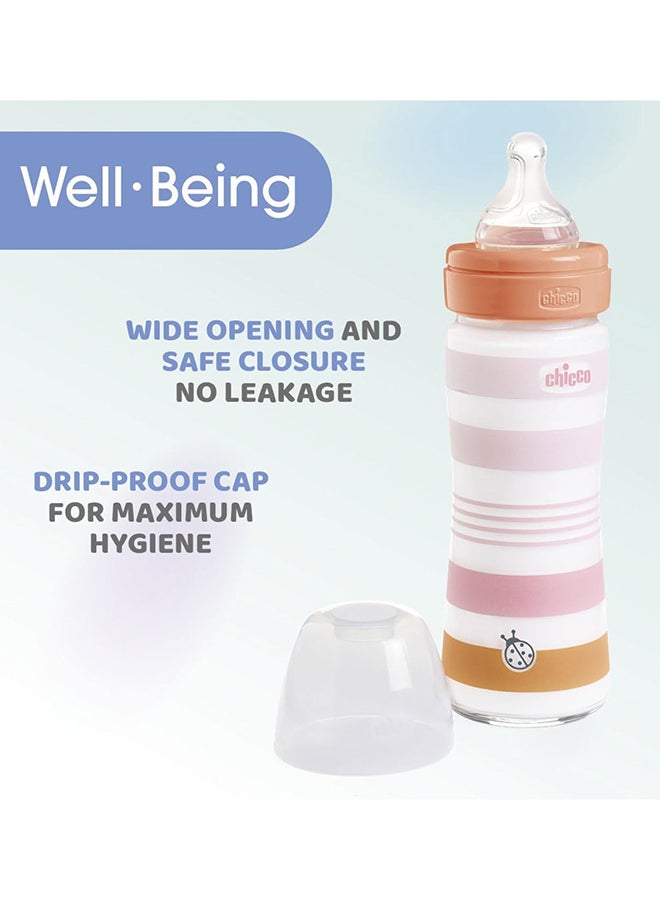 Well-Being Silicone Glass Feeding Bottle 240Ml, Slow Flow, 0M+, Pink