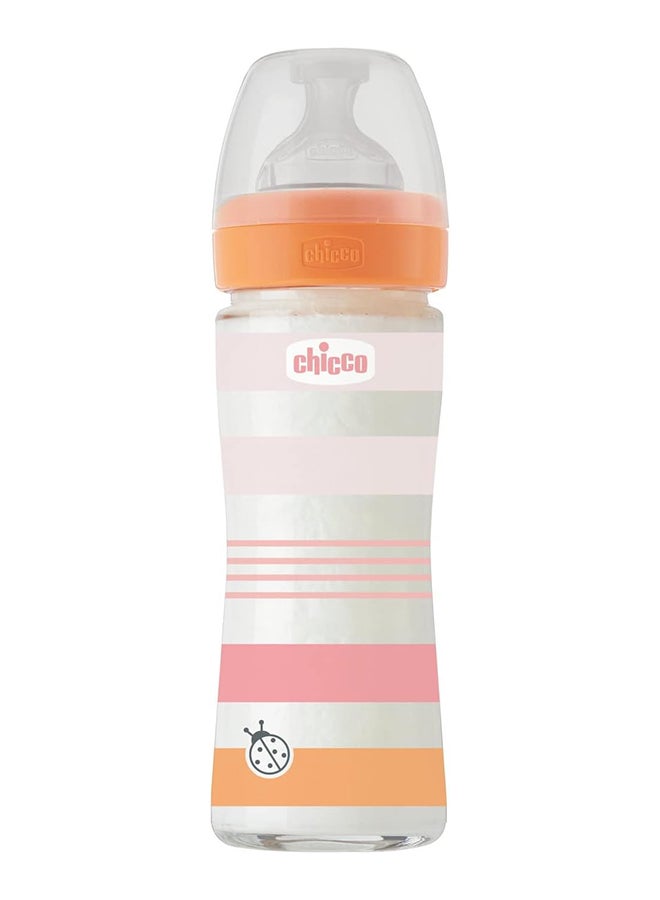 Well-Being Silicone Glass Feeding Bottle 240Ml, Slow Flow, 0M+, Pink