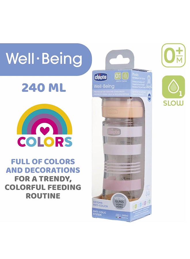 Well-Being Silicone Glass Feeding Bottle 240Ml, Slow Flow, 0M+