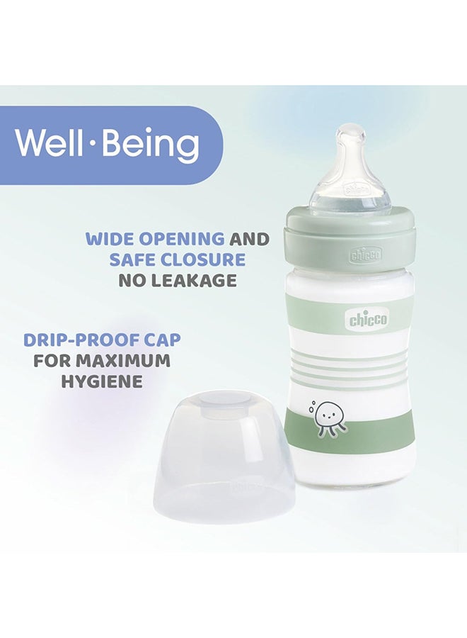 Well-Being Glass Silicone Feeding Bottle 150Ml, Slow Flow, 0M+, Green