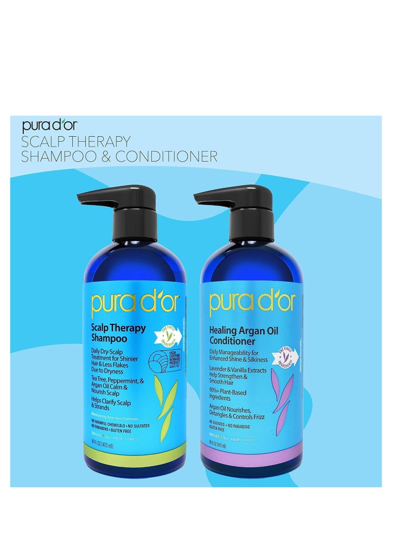 PURA D'OR Scalp Therapy Shampoo & Conditioner Set (16oz x 2) Dry, Itchy Scalp-Hydrates & Nourishes Hair w/Tea Tree, Peppermint, Argan Oil & Biotin, All Hair Type, 3 in 1, Men Women (Packaging Varies)