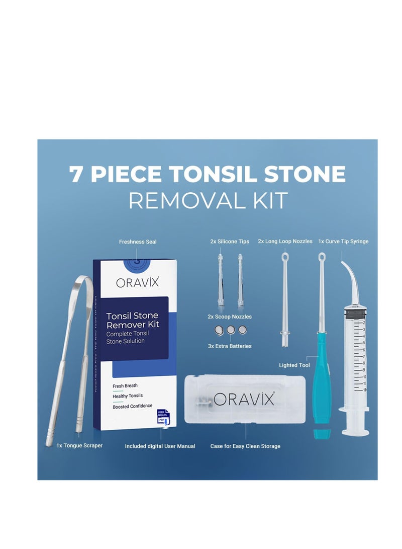 ORAVIX Tonsil Stone Remover - Tonsil Stone Removal Kit - Tonsillolith Remover Tool - Tonsil Cleaner - Fight Bad Breath - Tonsil Stone Removal Tool - Oral Irrigator - Tongue Scraper - 7 Pieces