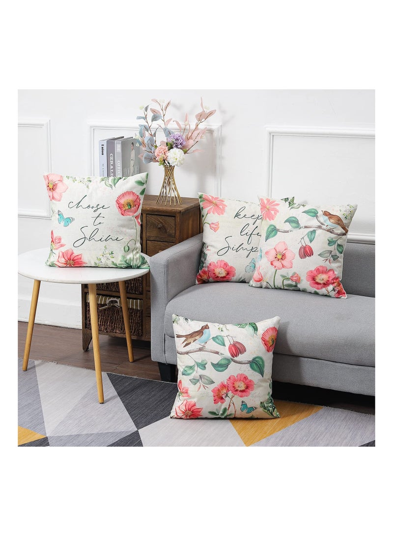 Throw Pillow Covers, Set of 4 Spring Flower Pillow Covers Linen Decorative Pillow Cases for Sofa Couch Living Room Outdoor (45 * 45 cm, Pink Flower)