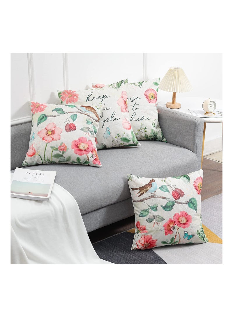 Throw Pillow Covers, Set of 4 Spring Flower Pillow Covers Linen Decorative Pillow Cases for Sofa Couch Living Room Outdoor (45 * 45 cm, Pink Flower)