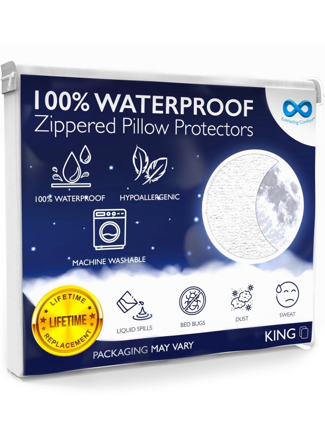 Waterproof Pillow Protectors Set Of 2 King Size Allergy Pillow Cases With Zipper Hypoallergenic Pillowcase Covers Protect Against Allergens Dust And Mites