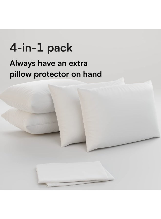 4 Pack Waterproof Pillow Protectors King 20X36 Inches Smooth Zipper Premium Encasement Covers Quiet Cases Set White