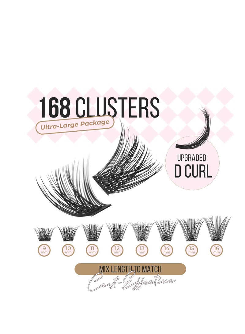 LASHVIEW Lash-Extension-Clusters 168pcs D Curl Lash Clusters Natural Look Cluster Lashes Extensions Super Thin Band & Soft Lashes Reusable 9-16mm MIX (56D)