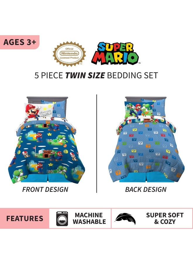 Kids Bedding Super Soft Comforter And Sheet Set With Sham  5 Piece Twin Size  Mario