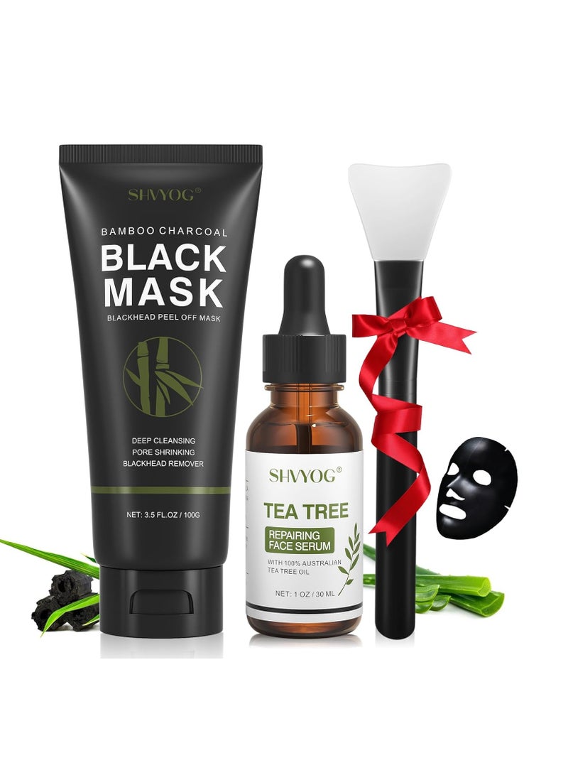 SHVYOG Blackhead Peel Off Face Mask, 3-in-1 Blackhead Remover Mask with Brush & Tea Tree Oil Serum, Charcoal Mask for Deep Cleansing Dirts, Pores, Skin Oil (100g+30ml)